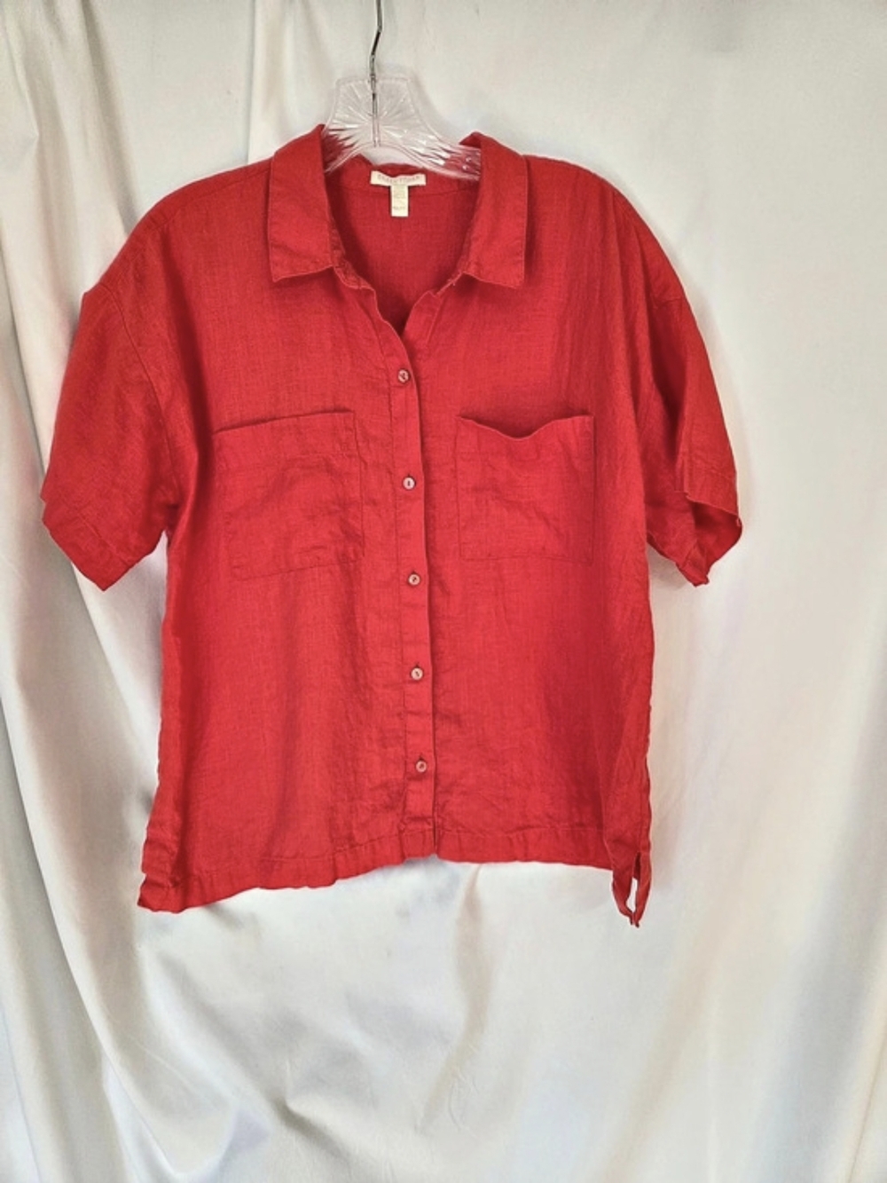 Eileen Fisher Organic Linen Redish Short Sleeve Button-Up Shirt Size PM